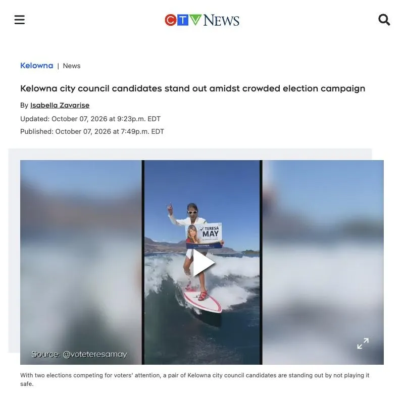 CTV News clipping: "Kelowna city council candidates stand out amidst crowded election campaign"